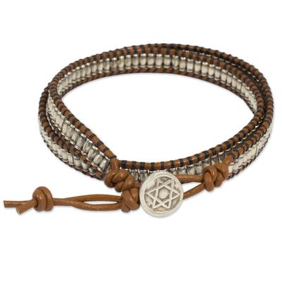 Silver Hindu Hexagram on Beaded Leather Wrap Bracelet