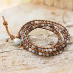 Agate and leather wrap bracelet, 'Leaf Fossil' - Hill Tribe Silver Button on Agate and Leather Wrap Bracelet