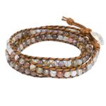 Agate and leather wrap bracelet, 'Leaf Fossil' - Hill Tribe Silver Button on Agate and Leather Wrap Bracelet