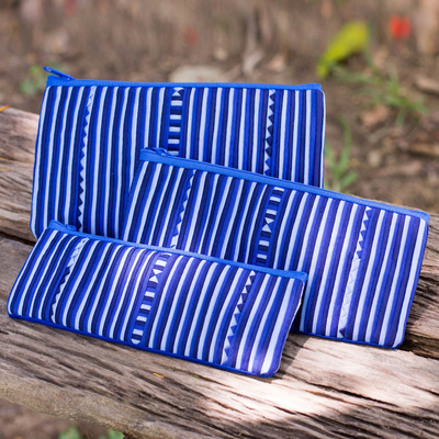 Kosmetiktaschen aus Baumwollmischung, (3er-Set) - Thailändische blaue und weiße Baumwollmischung-Kosmetiktaschen (3er-Set)