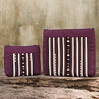 Cotton blend cosmetic bags, 'Exotic Lisu in Wine' (pair) - Maroon Cotton Blend Cosmetic Cases from Thailand (pair)