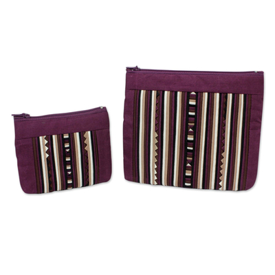 Cotton blend cosmetic bags, 'Exotic Lisu in Wine' (pair) - Maroon Cotton Blend Cosmetic Cases from Thailand (pair)