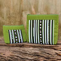 Cotton blend cosmetic bags, 'Exotic Lisu in Lime Green' (pair) - Fair Trade Lime Green Cotton Blend Makeup Bags (pair)