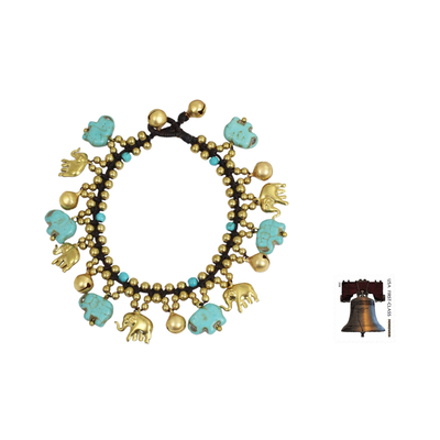 Beaded charm bracelet, 'Elephant World' - Elephant Charm Bracelet with Brass and Blue Calcite Beads