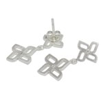 Sterling silver dangle earrings, 'Playful Pinwheel' - Brushed Silver Dangle Earrings with White Topaz Gemstones
