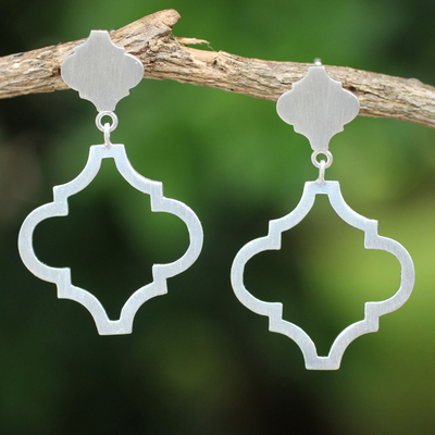 Sterling silver dangle earrings, 'Classical Ogee' - Fair Trade Brushed Silver Post Earrings from Thailand