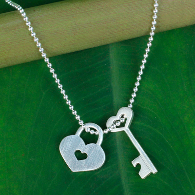 Handcrafted Silver Heart Lock and Key Pendant Necklace - Key Of Love
