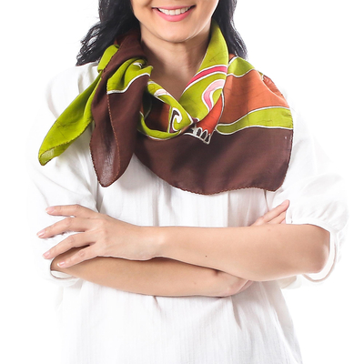 Cotton batik scarf, 'Elephant Family in Green' - Hand Painted Thai Batik on Green Cotton Women's Scarf