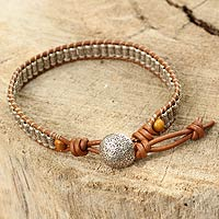 Silver and leather wristband bracelet, 'Ethnic Chic'