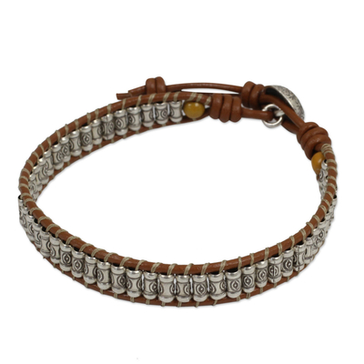 Silver and leather wristband bracelet, 'Ethnic Chic' - Hand Made Leather Wristband Bracelet with Hill Tribe Silver