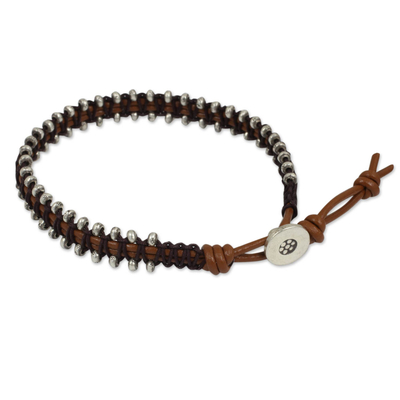 Silver and leather wristband bracelet, 'Hill Tribe Bouquet' - Florid Silver Beads on Hand Crafted Brown Leather Bracelet