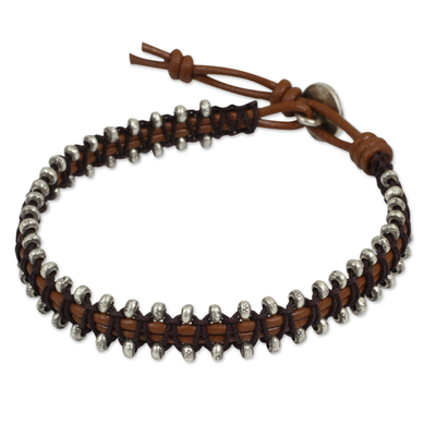 Silver and leather wristband bracelet, 'Hill Tribe Bouquet' - Florid Silver Beads on Hand Crafted Brown Leather Bracelet