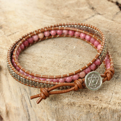 Rhodonite and leather wrap bracelet, 'Star of David' - Leather Wrap Bracelet with Rhodonite and Hill Tribe Silver