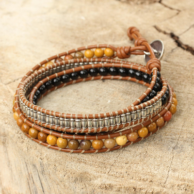 Onyx and jasper leather wrap bracelet, 'Hill Tribe Sunshine' - Onyx Jasper and Silver on Handcrafted Leather Wrap Bracelet