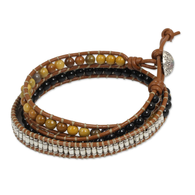 Onyx and jasper leather wrap bracelet, 'Hill Tribe Sunshine' - Onyx Jasper and Silver on Handcrafted Leather Wrap Bracelet