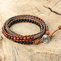Onyx and jasper leather wrap bracelet, 'Hill Tribe Sunrise - Onyx Jasper and Silver on Handcrafted Leather Wrap Bracelet
