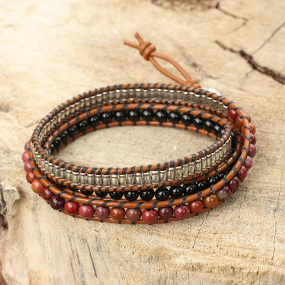 Onyx and jasper leather wrap bracelet, 'Hill Tribe Sunrise - Onyx Jasper and Silver on Handcrafted Leather Wrap Bracelet