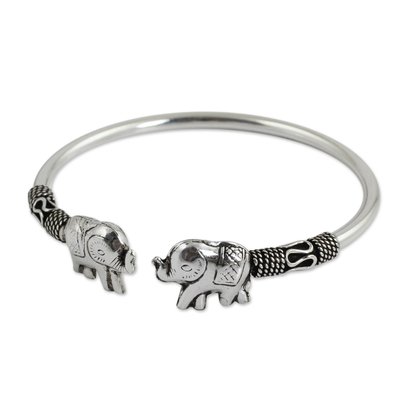 Sterling silver cuff bracelet, 'Proud Elephant' - Artisan Crafted Sterling Silver Elephant Cuff Bracelet