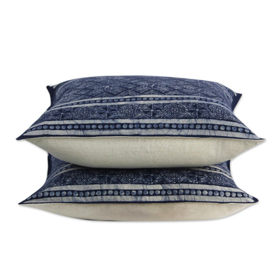 Cotton batik cushion covers, 'Hmong Energy' (pair) - Thai Artisan Crafted Blue Batik Cotton Pillow Covers (pair)