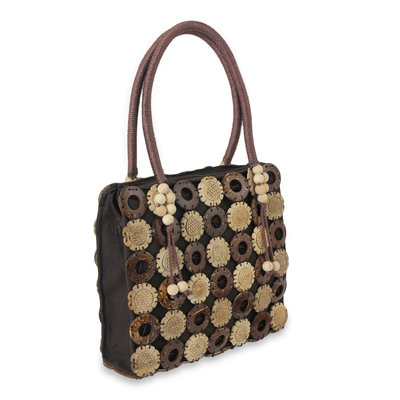 Coconut shell handbag, 'Sunflower Garden' - Unique Carved Coconut Shell Handbag with Cotton Lining