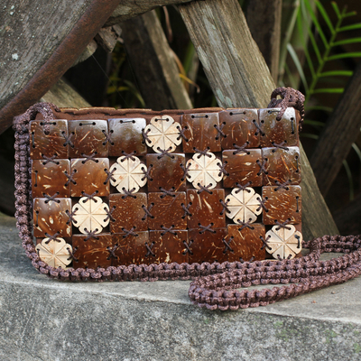 Coconut shell shoulder bag, 'Tropical Tiles' - Handcrafted Thai Coconut Shell Macrame Shoulder Bag