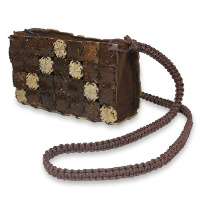 Coconut shell shoulder bag, 'Tropical Tiles' - Handcrafted Thai Coconut Shell Macrame Shoulder Bag
