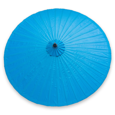 Decorative garden umbrella, 'Happy Garden in Turquoise' - Handmade Blue Cotton and Bamboo Garden Umbrella