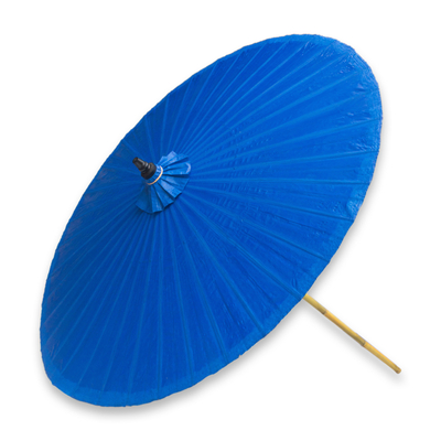 Decorative garden umbrella, 'Happy Garden in Blue' - Fair Trade Garden Decor Cotton and Bamboo Umbrella