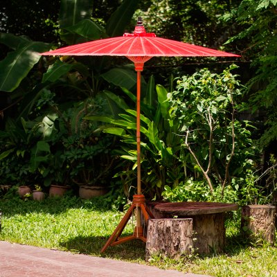 Decorative garden umbrella, 'Happy Garden in Scarlet' - Bright Red Decorative Outdoor Umbrella from Thailand