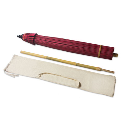 Decorative garden umbrella, 'Happy Garden in Crimson' - Bamboo and Cotton Handmade Red Garden Umbrella