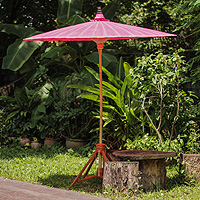 Decorative garden umbrella, 'Happy Garden in Pink' - Pink Garden Umbrella Crafted from Cotton and Bamboo