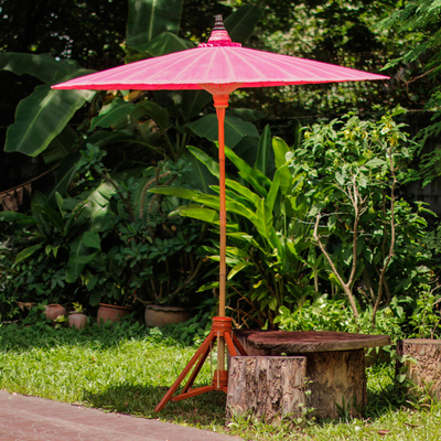 Sombrilla decorativa de jardín, 'Happy Garden in Pink' - Sombrilla de jardín rosa de algodón y bambú