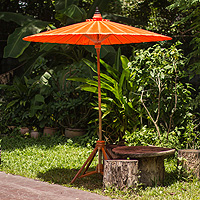 Decorative garden umbrella, 'Happy Garden in Orange' - Artisan Crafted Decorative Orange Cotton Garden Umbrella