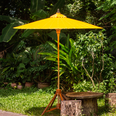 Sombrilla decorativa de jardín, 'Happy Garden in Yellow' - Sombrilla de jardín de algodón amarilla hecha a mano en Tailandia