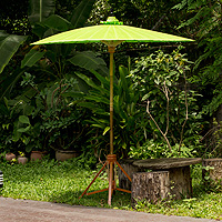 Lime Green Garden Umbrella Crafted of Cotton and Bamboo,'Happy Garden in Bright Green'