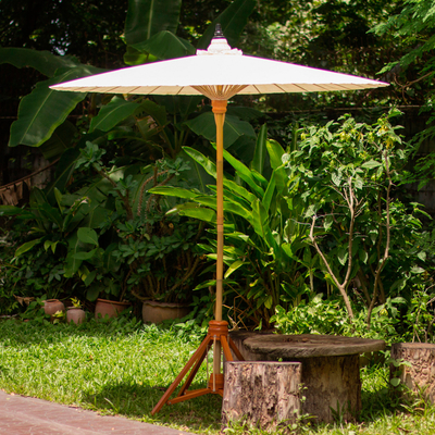 Decorative garden umbrella, 'Happy Garden in White' - Handmade Thai Style Garden Umbrella in White Cotton