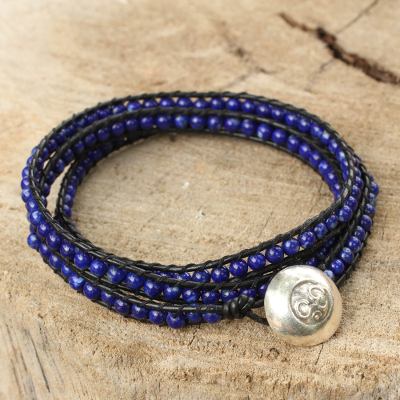 Lapis lazuli wrap bracelet, 'Ocean Om' - Lapis Lazuli and Leather Wrap Bracelet with Silver Button