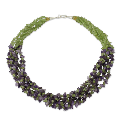 Amethyst and peridot torsade necklace, 'Lilac Spring' - Handmade Amethyst and Peridot Beaded Torsade Necklace