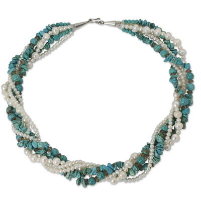 Cultured pearl and calcite torsade necklace, 'Vibrant Sea' - Fair Trade Torsade Necklace with Pearls and Calcite