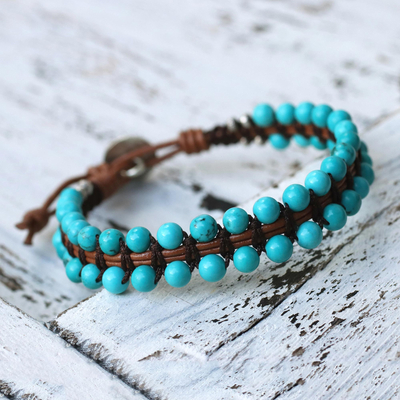 Beaded leather bracelet, 'Peaceful Turquoise' - Artisan Crafted Recon Turquoise and Leather Bracelet