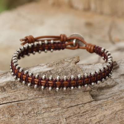 Hill tribe silver beaded bracelet, 'Peaceful Tribe' - Thai Hill Tribe Silver Beaded Bracelet on Leather Cords