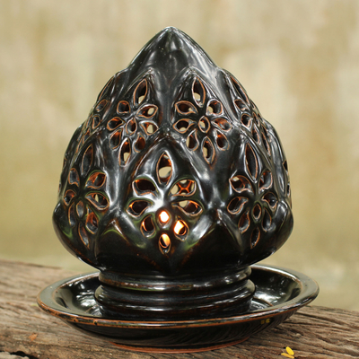 Kerzenhalter aus Keramik - Handgefertigter dunkelbrauner Lotusblüten-Kerzenhalter aus Keramik