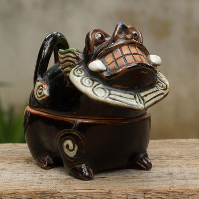 Caja de cerámica, 'Rajasi el León' - Caja y tapa de cerámica con tema de león artesanal tailandés