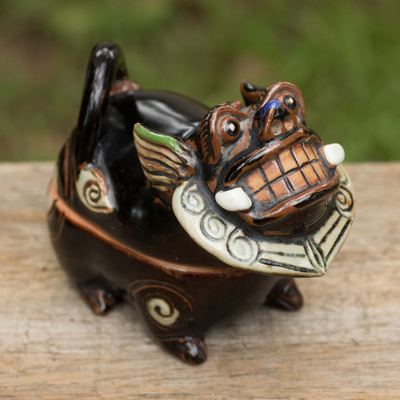 Caja de cerámica, 'Rajasi el León' - Caja y tapa de cerámica con tema de león artesanal tailandés