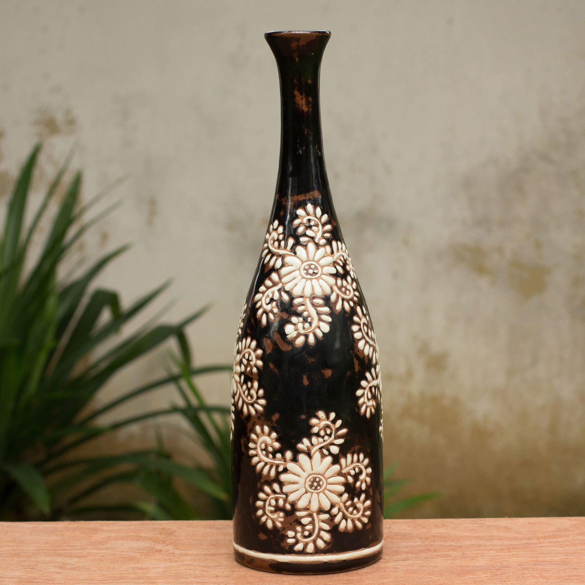 Handcrafted Dark Brown Ceramic Vase with White Flowers White Blossoms