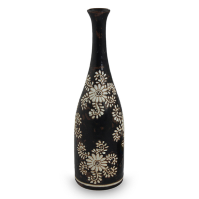 Handcrafted Dark Brown Ceramic Vase with White Flowers