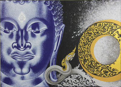 'Worship Buddha' - Original Buddha Painting on Canvas by Thai Artist