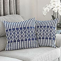 Cotton batik cushion covers, 'Enchanted Hills' (pair) - Hand Dyed Blue Cotton Batik Cushion Covers (pair)