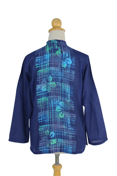 Cotton batik blouse, 'Ocean Blue Hibiscus' - Fair Trade Dark Blue Floral Batik Cotton Blouse