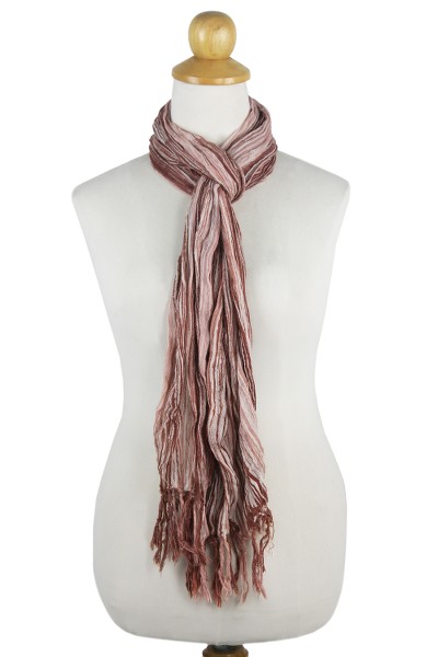Cotton batik scarf, 'Sandy Paths' - Handwoven Crinkled Cotton Striped Scarf from Thailand